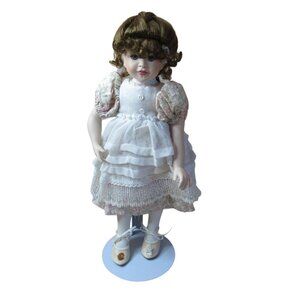 Porcelain 13" Doll with Long Hair &amp; Stand Vintage